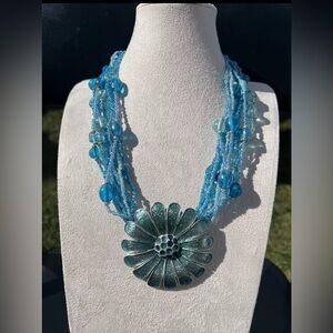 Vtg Multi Strand Necklace Blues Glass Beads Large Flower Pendant Boho Statement